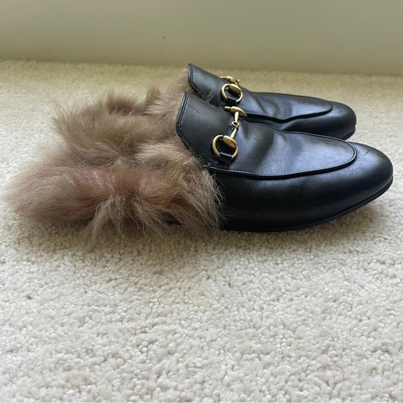 Gucci Princeton Black Fur Mules Slip On Shoes horse bit loafer slides - Picture 3 of 9